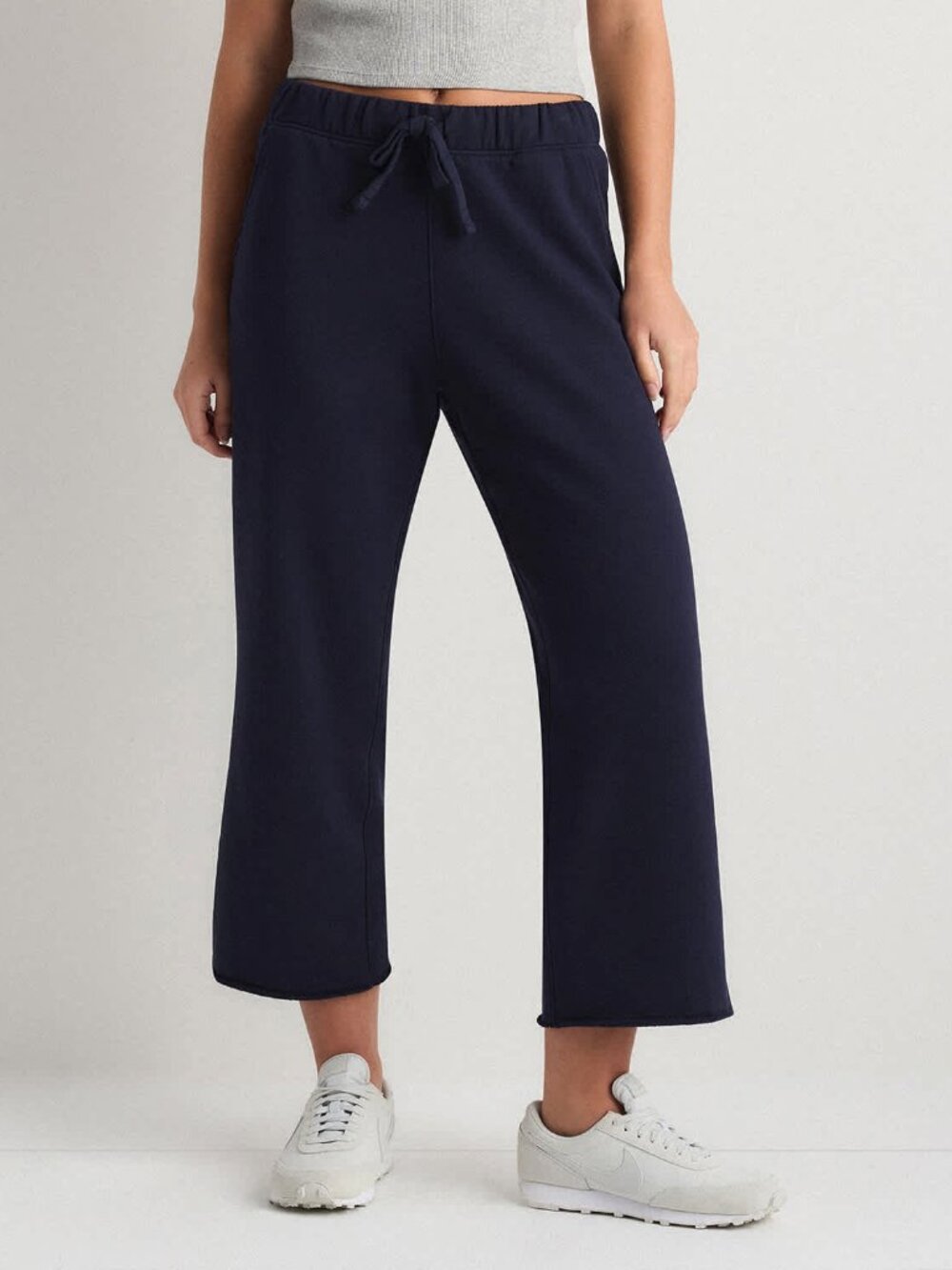 French Terry Cropped Wide Leg Pants in Deep Navy